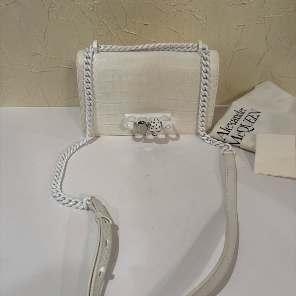 Alexander McQueen White Croc-Embossed Knuckle-Detail Crossbody Bag